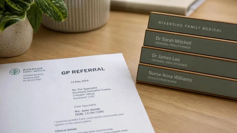 A row of medical clinic nameplates and a referral letter on a wooden desk, representing the path to an adult ADHD diagnosis in Ireland.