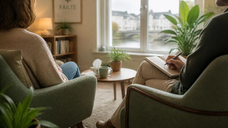 A therapist and client talking in a bright modern therapy room
