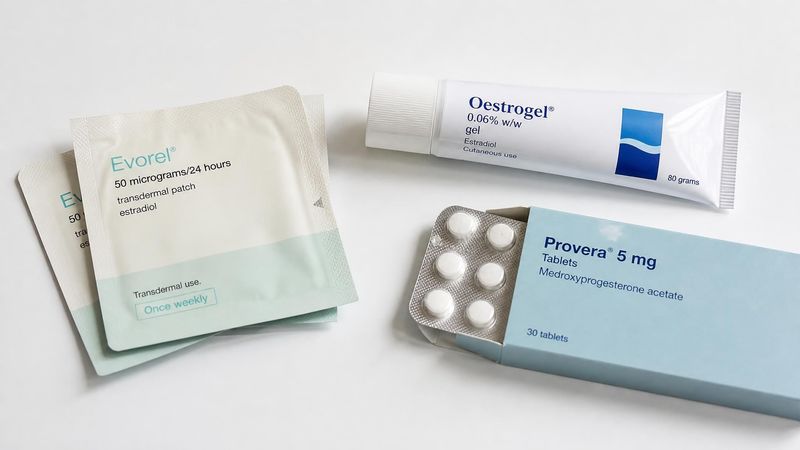 A neatly arranged collection of HRT patches, gels, and tablets on a clean surface