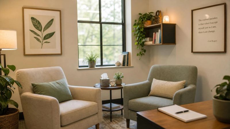 A consultation room with two chairs and soft light, representing clinical assessment for OCD