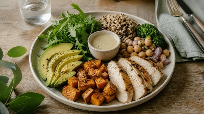 A balanced plate of varied foods on a wooden table, representing healthy eating