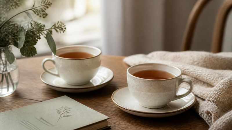 Two cups of tea on a wooden table, representing the supportive space of counselling