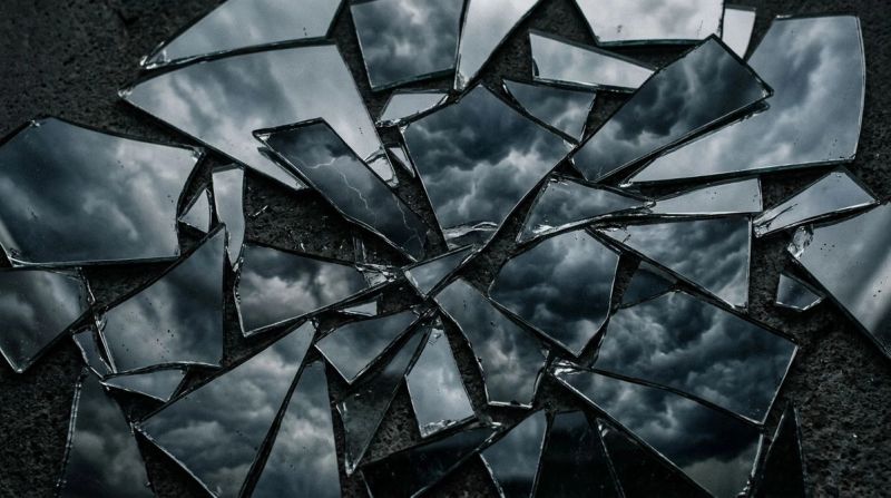 Fragmented mirror shards reflecting sky, symbolising flashbacks