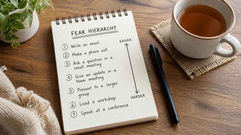 A hand-written fear hierarchy list on a notepad, showing gradual steps from least to most anxiety-provoking