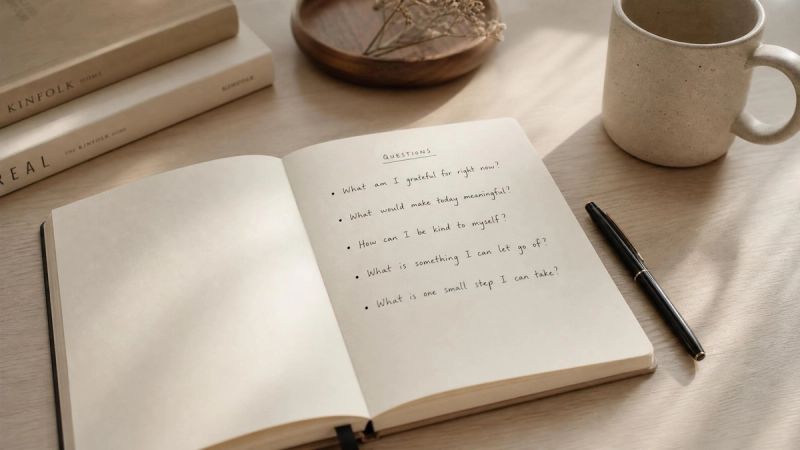 An open notebook with handwritten questions on a clean desk, representing frequently asked questions about online therapy