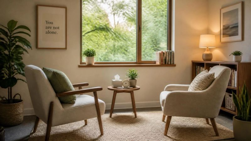 A calm therapy or consultation setting with two chairs, suggesting conversation and support