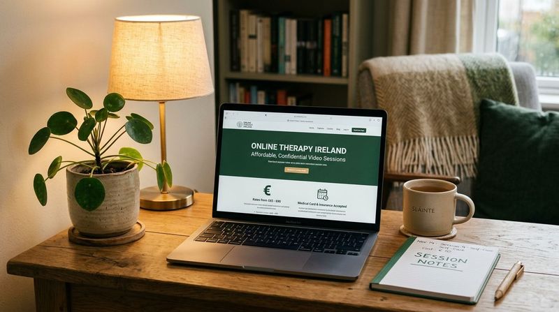Laptop in a home setting, symbolising online therapy costs
