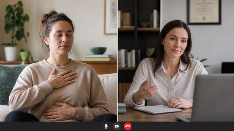 A split screen showing a person doing a relaxation exercise at home and a therapist on video call