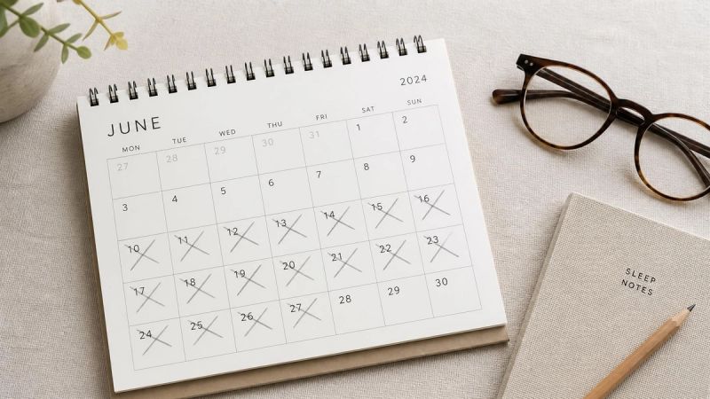A calendar page with many crossed-off nights, symbolising chronic insomnia