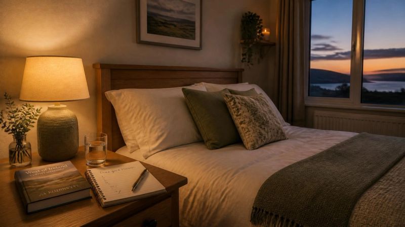 A calm evening bedside scene with a notebook and water, symbolising a wind-down routine.