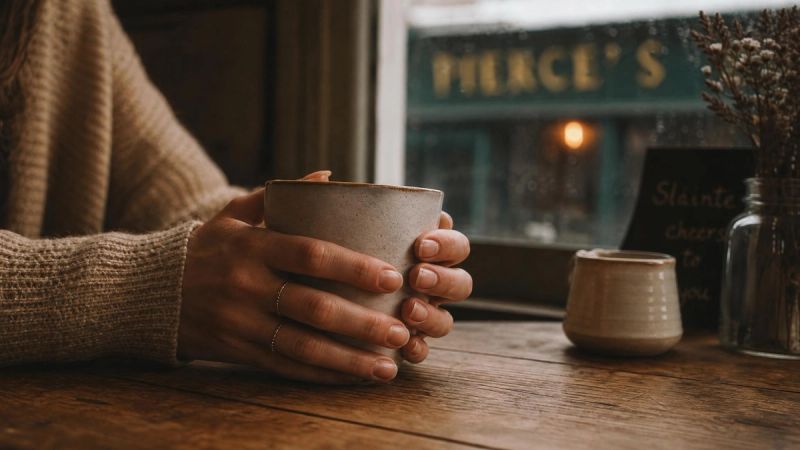 A close-up of hands holding a coffee cup in a quiet Irish cafe, representing the internal experience of imposter syndrome