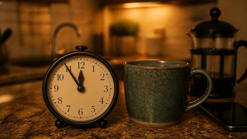 A clock and a coffee cup late in the evening
