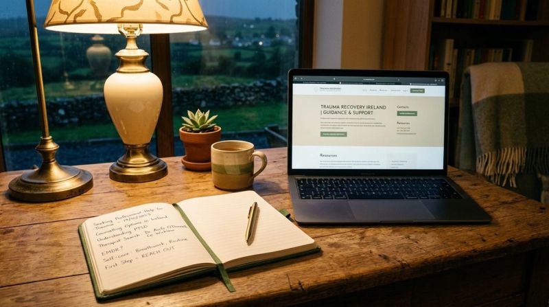 Laptop and notebook under lamplight, symbolising trauma therapy support in Ireland