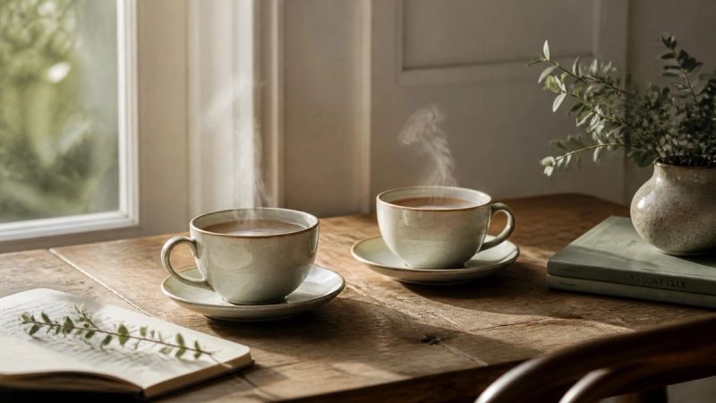 Two cups of tea on a table near a window, representing conversations about menopause anxiety in relationships
