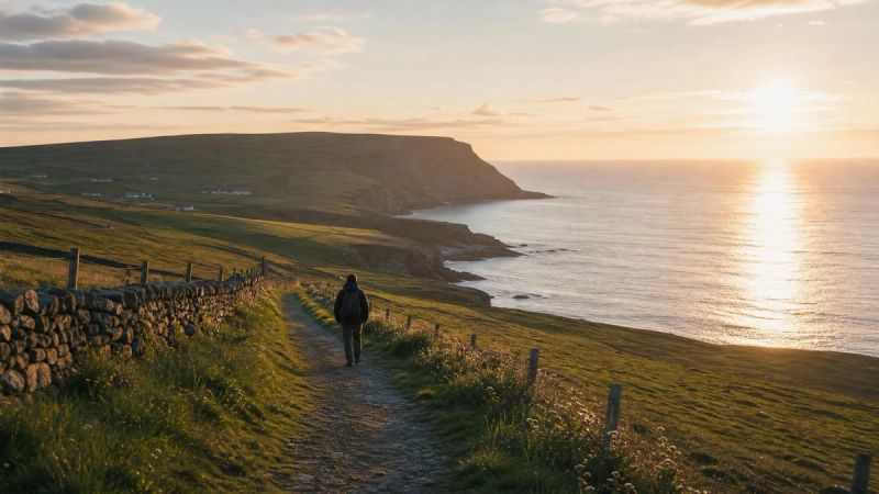 A person walking along a peaceful Irish coastal path at golden hour, representing small steps toward healing after a breakup