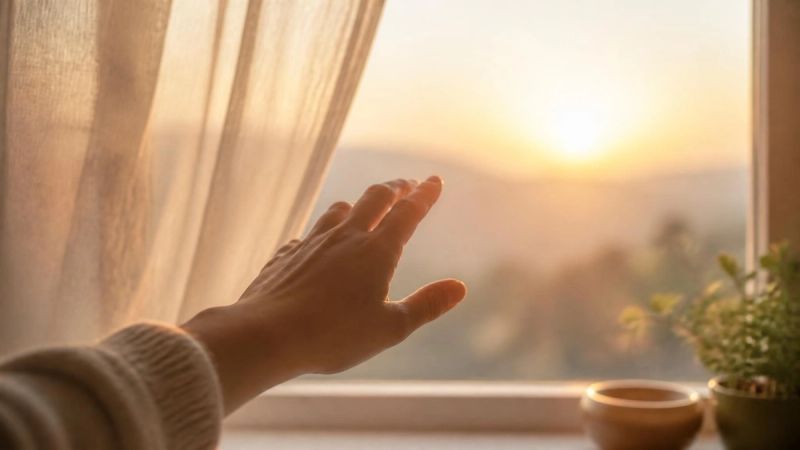 A hand reaching toward morning light through a window