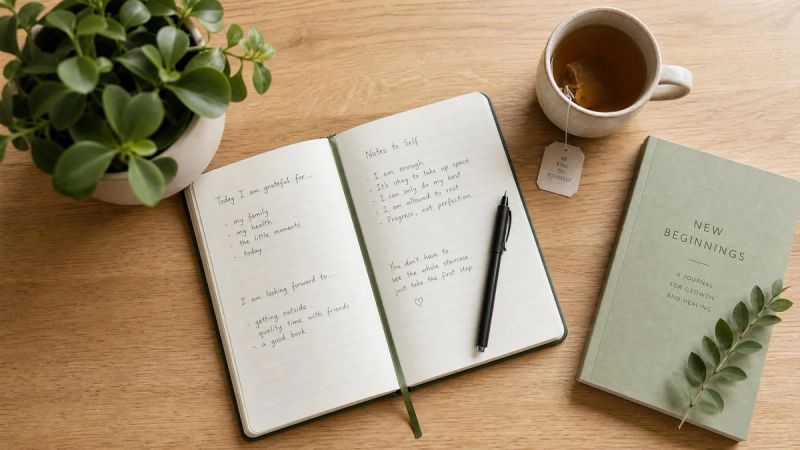 An open notebook with a pen and a small green plant on a calm desk, representing therapy and recovery