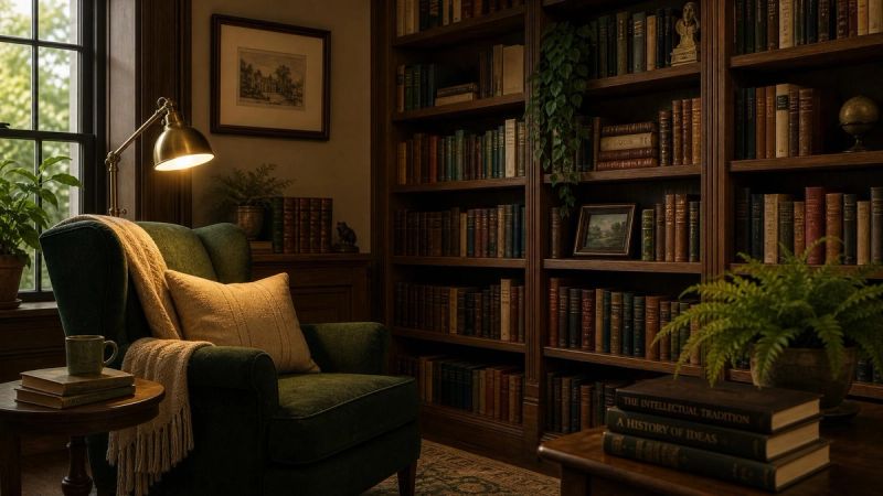 A quiet library corner with books and warm lamplight, representing frequently asked questions about ADHD in adults