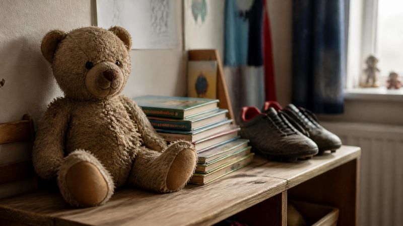A shelf with a teddy bear, children's books and a pair of football boots