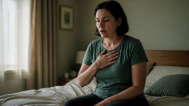 A person holding their chest, looking tired, representing physical health risks