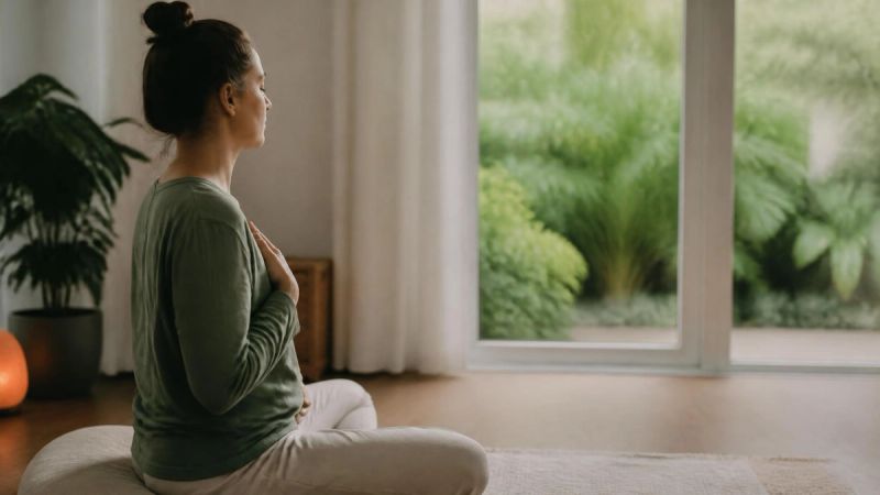 A person practising slow breathing with eyes closed, representing coping strategies for medical anxiety