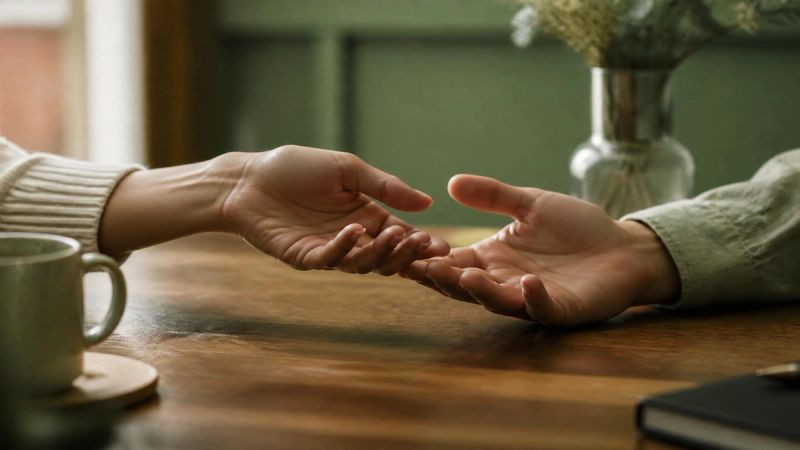 Two hands reaching toward each other across a table, representing emotional support