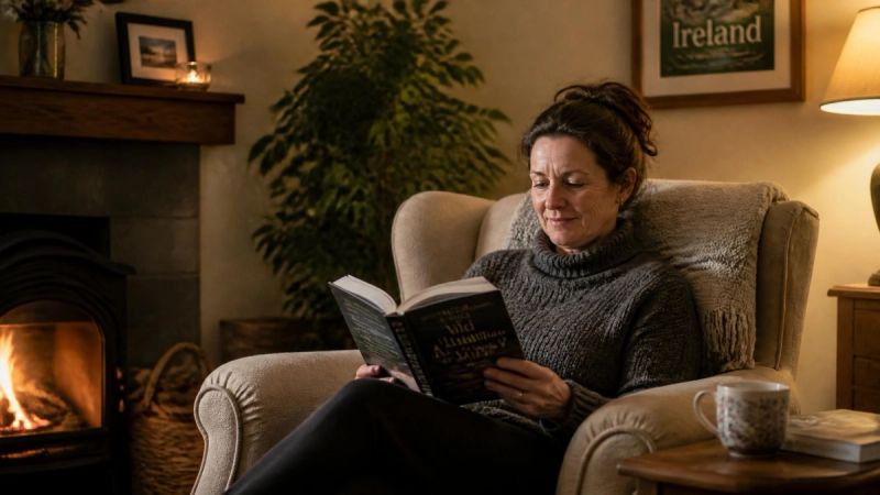 A person sitting in an armchair reading, with a plant and soft light nearby