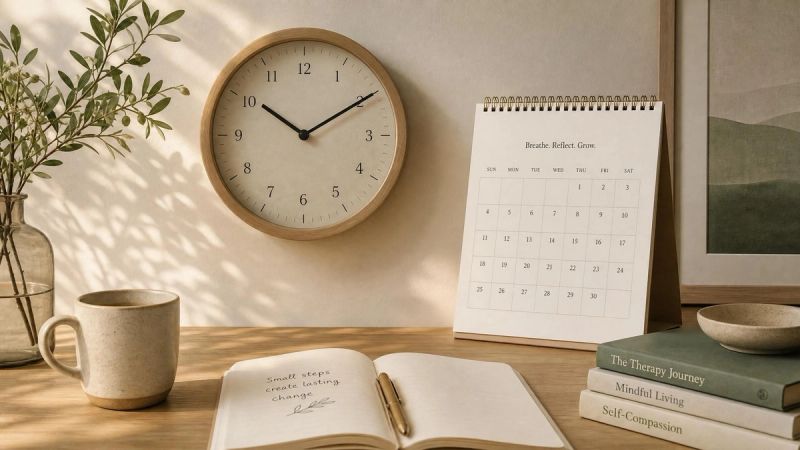 Clock and calendar on a quiet desk, representing the timeline and pacing of therapy