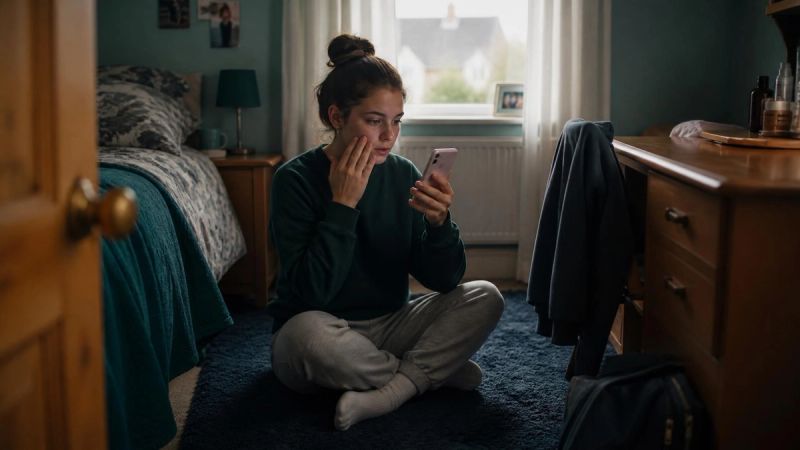 A person repeatedly checking their appearance on a phone camera