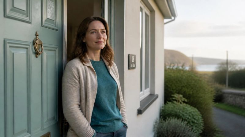 A person standing by a front door in the morning light, looking ahead
