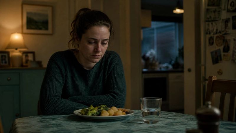 A person sitting alone at a dinner table, looking tired and withdrawn