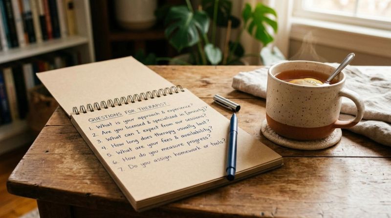 Notepad with questions and tea, symbolising questions to ask a therapist
