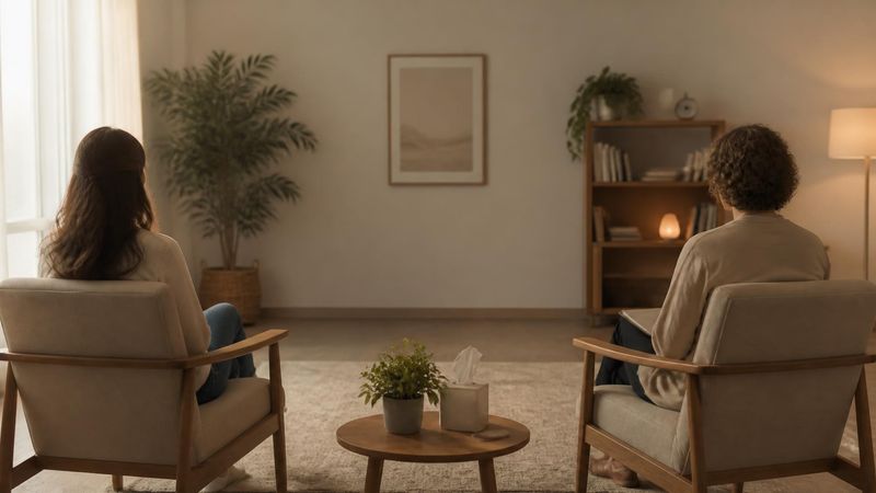 Two people sitting apart in a calm room, representing supporting someone with anger