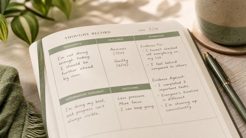 A notebook with thought-record columns, representing CBT techniques for menopause symptoms