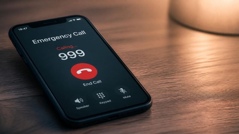 A phone with emergency services number displayed, representing urgent help