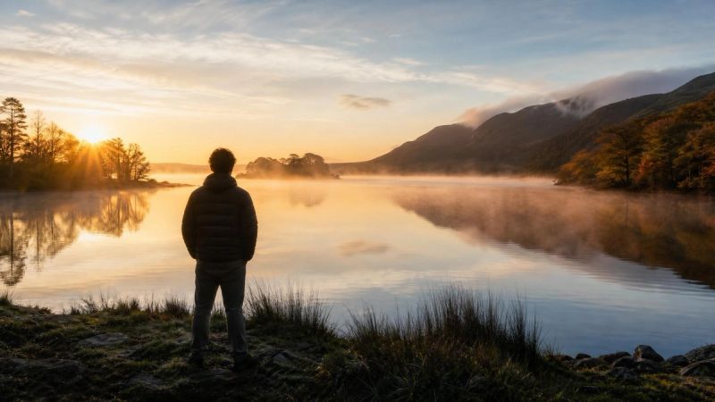 A person standing at a calm Irish lakeside at dawn, representing hope and the decision to seek help