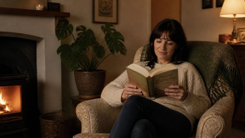 A person sitting comfortably in an armchair reading, with a plant nearby