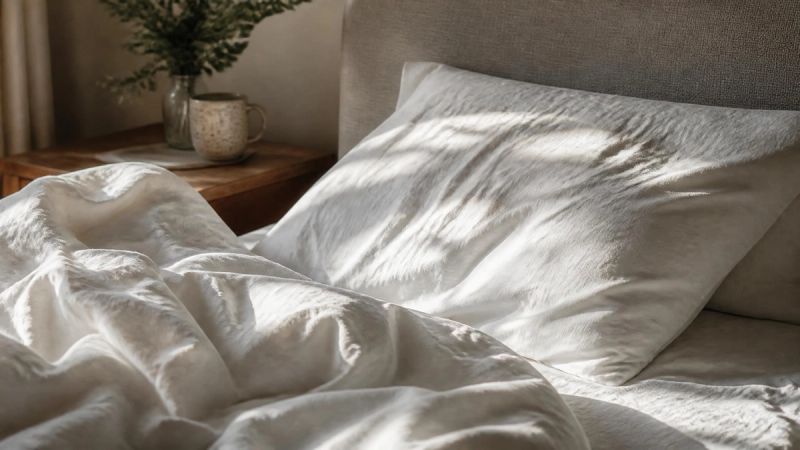 Close-up of tangled bedsheets suggesting restless sleep