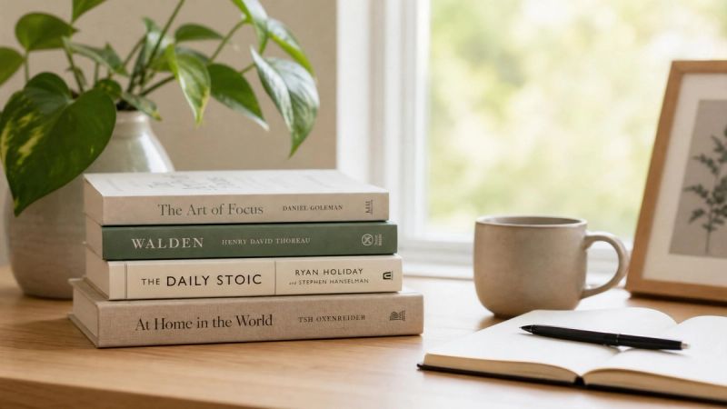 A small stack of books on a calm desk, representing related articles on loneliness and depression