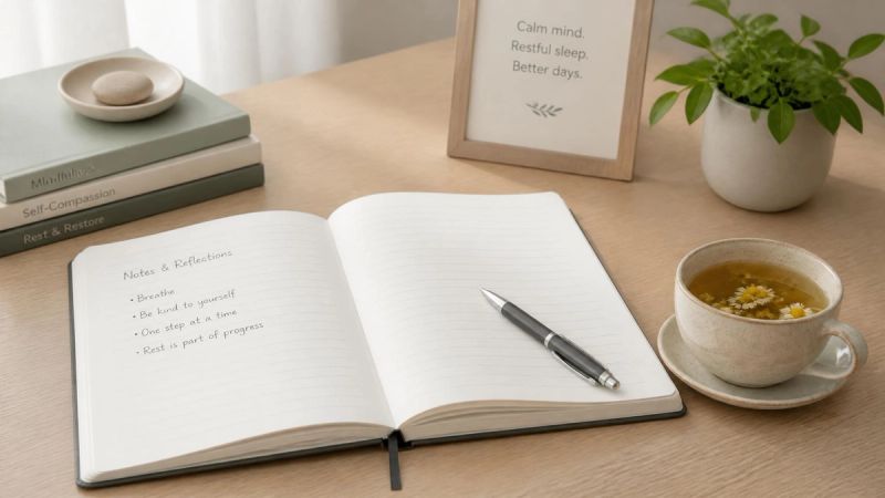 A notebook and tea on a clean desk, representing questions and informed choices.