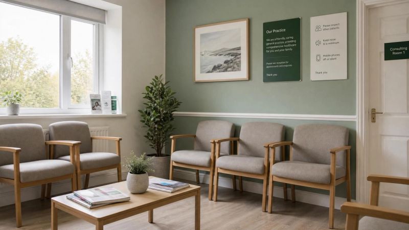 An empty GP waiting room in Ireland with soft daylight, representing the late diagnosis of ADHD in Irish adults.