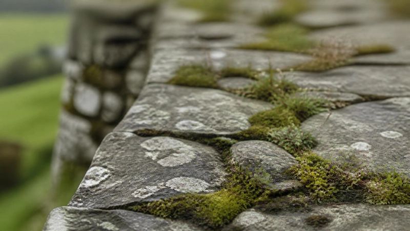 A weathered stone path with green moss growing in cracks