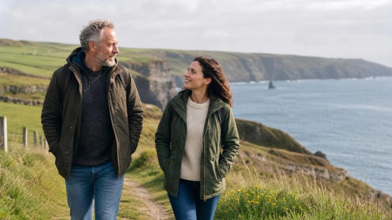 Two people walking together on a green Irish coastal path