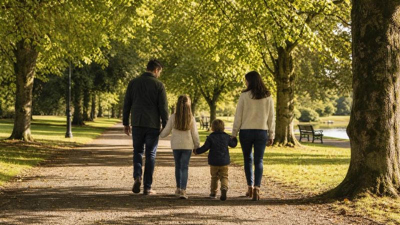 A family walking together in an Irish park, representing OCD in adult relationships and everyday life