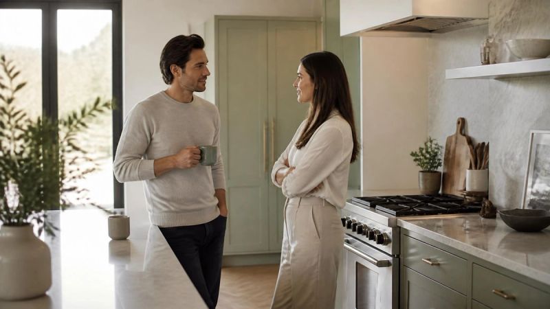 A couple talking quietly in a kitchen, representing how to discuss menopause