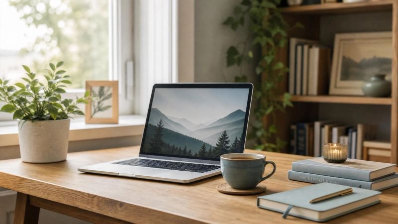 A calm home office with a laptop and houseplants, representing online OCD therapy in Ireland