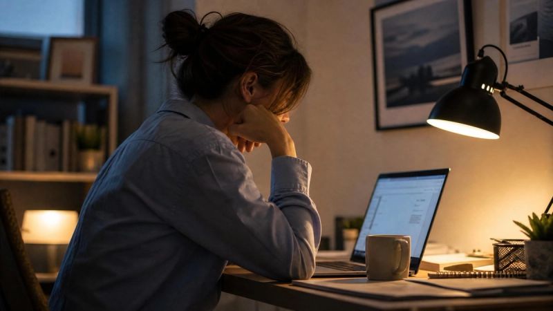 A person looking tired while working late at a laptop, soft lamplight, representing when work loneliness affects mental health