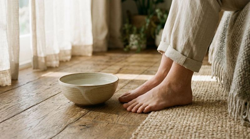 Bare feet and water bowl, symbolising grounding techniques