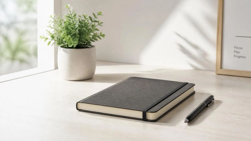 A simple, clean workspace with a notebook, representing clear answers and guidance