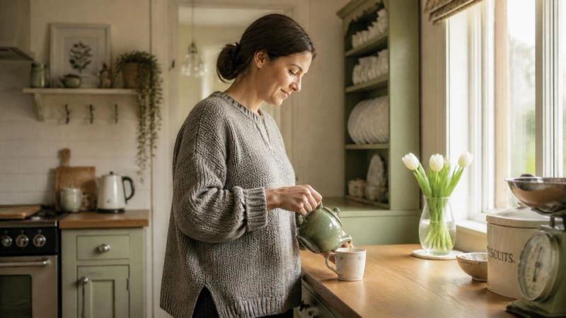 A person in a bright kitchen making a cup of tea, relaxed and at ease